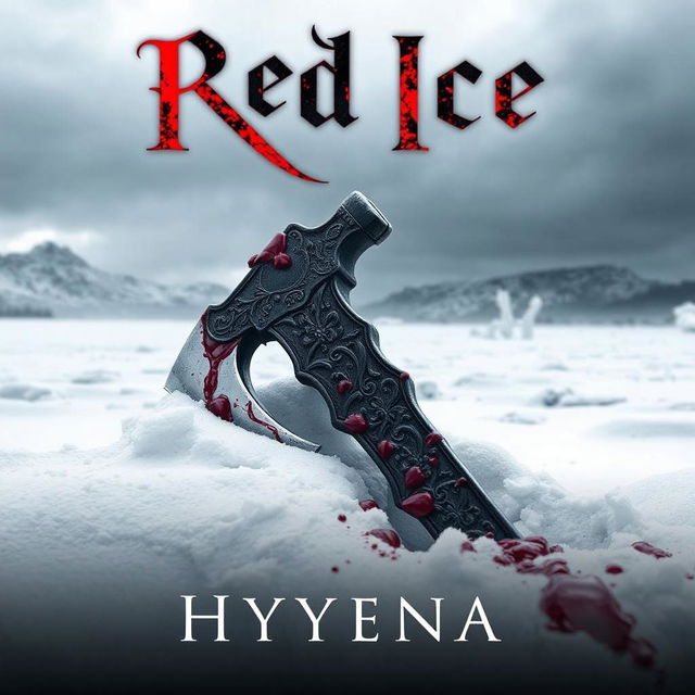 An impactful book cover for 'Red Ice' by Hyyena, featuring a bloodied axe resting in the pristine white snow