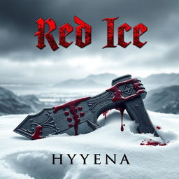 An impactful book cover for 'Red Ice' by Hyyena, featuring a bloodied axe resting in the pristine white snow