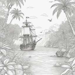 jungle back ground , pirates on a adventure ,coloring page line art