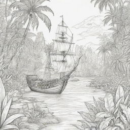 jungle back ground , pirates on a adventure ,coloring page line art