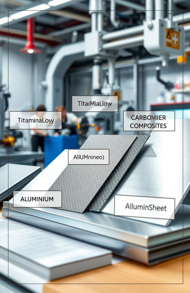 A detailed view of various aerospace materials, showcasing components like titanium alloys, carbon fiber composites, and aluminum sheets