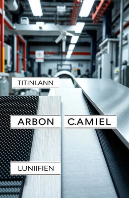 A detailed view of various aerospace materials, showcasing components like titanium alloys, carbon fiber composites, and aluminum sheets