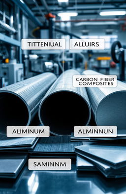 A detailed view of various aerospace materials, showcasing components like titanium alloys, carbon fiber composites, and aluminum sheets