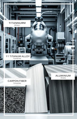 A detailed view of various aerospace materials, showcasing components like titanium alloys, carbon fiber composites, and aluminum sheets