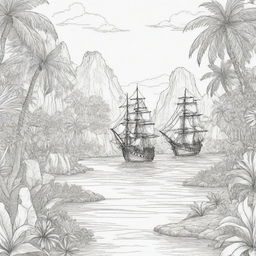 jungle back ground , pirates on a adventure ,coloring page line art