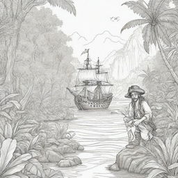 jungle back ground , pirates on a adventure ,coloring page line art