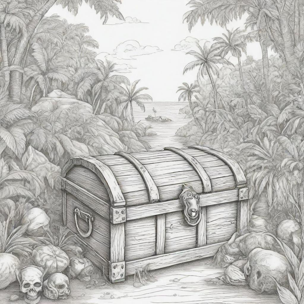 jungle back ground , pirates on a adventure and treasure chest ,coloring page line art