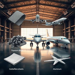 An artistic representation of various aerospace materials integrated into the design of modern airplanes