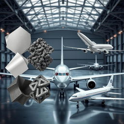 An artistic representation of various aerospace materials integrated into the design of modern airplanes
