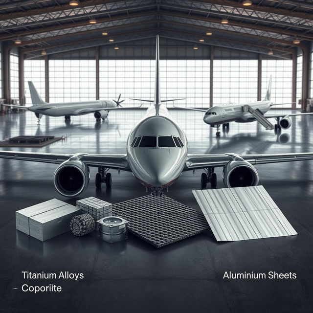 An artistic representation of various aerospace materials integrated into the design of modern airplanes