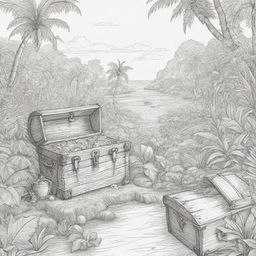 jungle back ground , pirates on a adventure and treasure chest ,coloring page line art