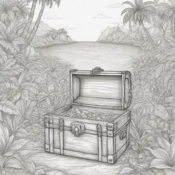 jungle back ground , pirates on a adventure and treasure chest ,coloring page line art