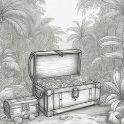 jungle back ground , pirates on a adventure and treasure chest ,coloring page line art