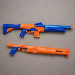 A vividly colored and intricately detailed Nerf shotgun, prepared and set in a dynamic posture for the ultimate Nerf combat scenario.