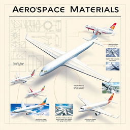 An artistic illustration titled 'Aerospace Materials' featuring various aerospace materials integrated seamlessly with airplanes
