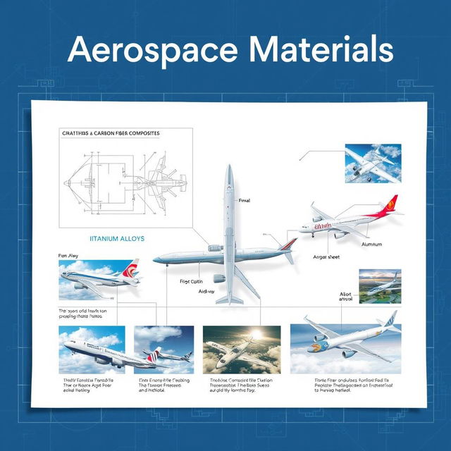 An artistic illustration titled 'Aerospace Materials' featuring various aerospace materials integrated seamlessly with airplanes