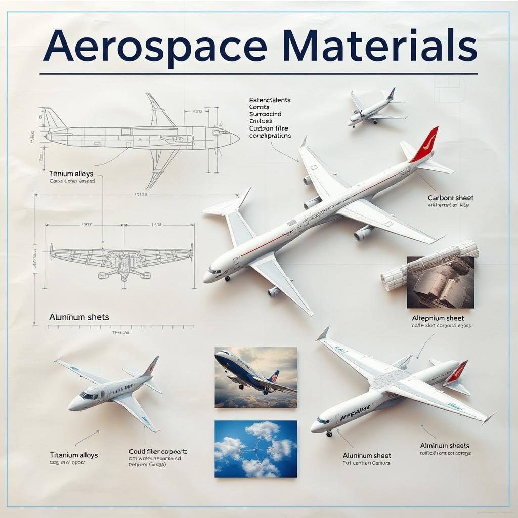 An artistic illustration titled 'Aerospace Materials' featuring various aerospace materials integrated seamlessly with airplanes