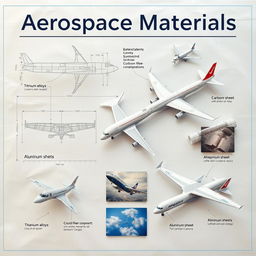 An artistic illustration titled 'Aerospace Materials' featuring various aerospace materials integrated seamlessly with airplanes