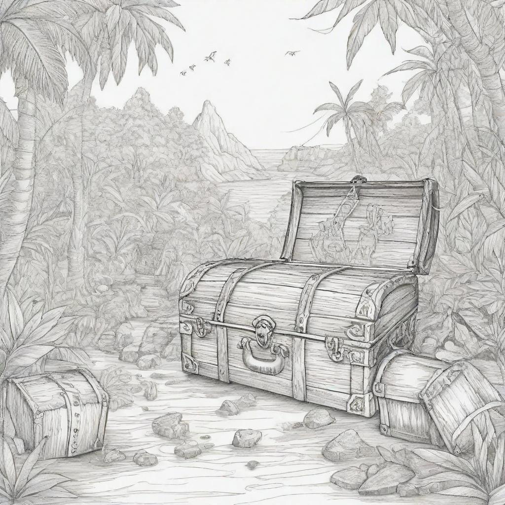 jungle back ground , pirates on a adventure and treasure chest ,kids coloring page line art