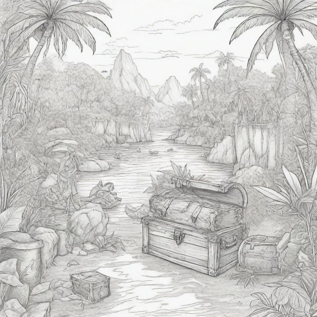 jungle back ground , pirates on a adventure and treasure chest ,kids coloring page line art