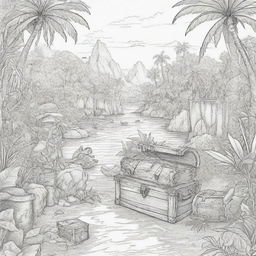 jungle back ground , pirates on a adventure and treasure chest ,kids coloring page line art