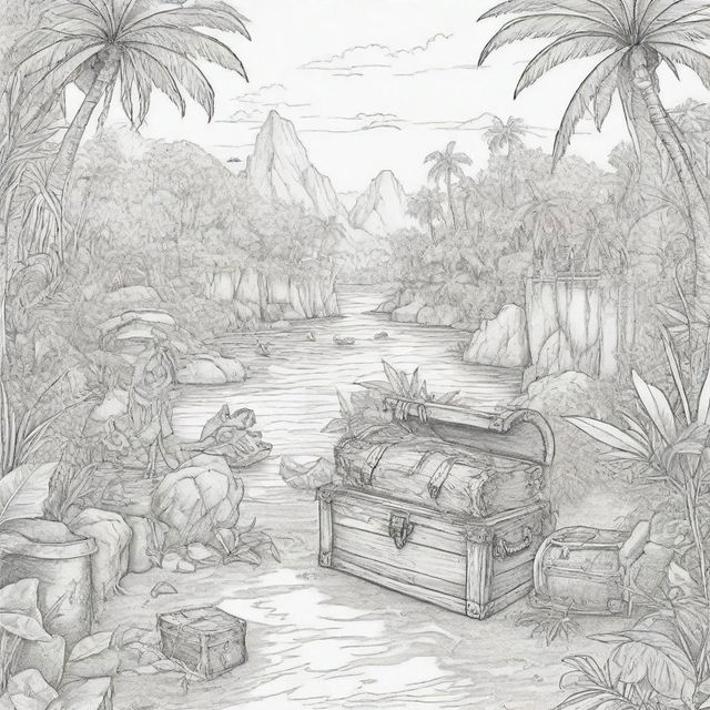 jungle back ground , pirates on a adventure and treasure chest ,kids coloring page line art