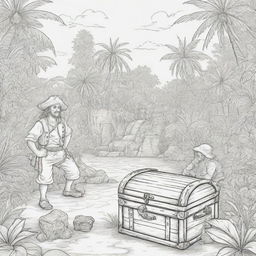 jungle back ground , pirates on a adventure and treasure chest ,kids coloring page line art