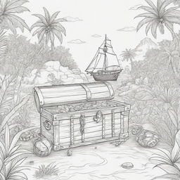 jungle back ground , pirates on a adventure and treasure chest ,kids coloring page line art