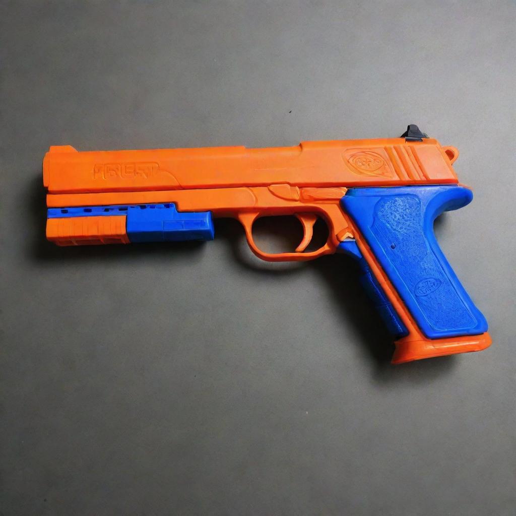 A compact and vividly colored Nerf pistol, all detailed mechanical parts on display, primed and ready for a close-range Nerf encounter.