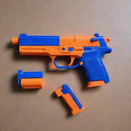 A compact and vividly colored Nerf pistol, all detailed mechanical parts on display, primed and ready for a close-range Nerf encounter.