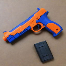 A compact and vividly colored Nerf pistol, all detailed mechanical parts on display, primed and ready for a close-range Nerf encounter.