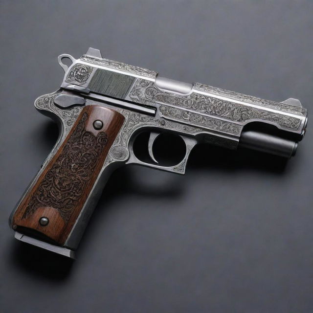 A detailed depiction of a classic pistol, with each intricate mechanical part shining under the light, ready to be fired in a controlled range.