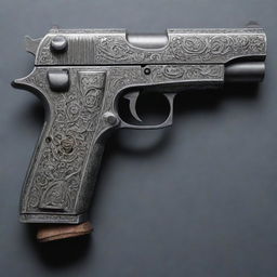 A detailed depiction of a classic pistol, with each intricate mechanical part shining under the light, ready to be fired in a controlled range.