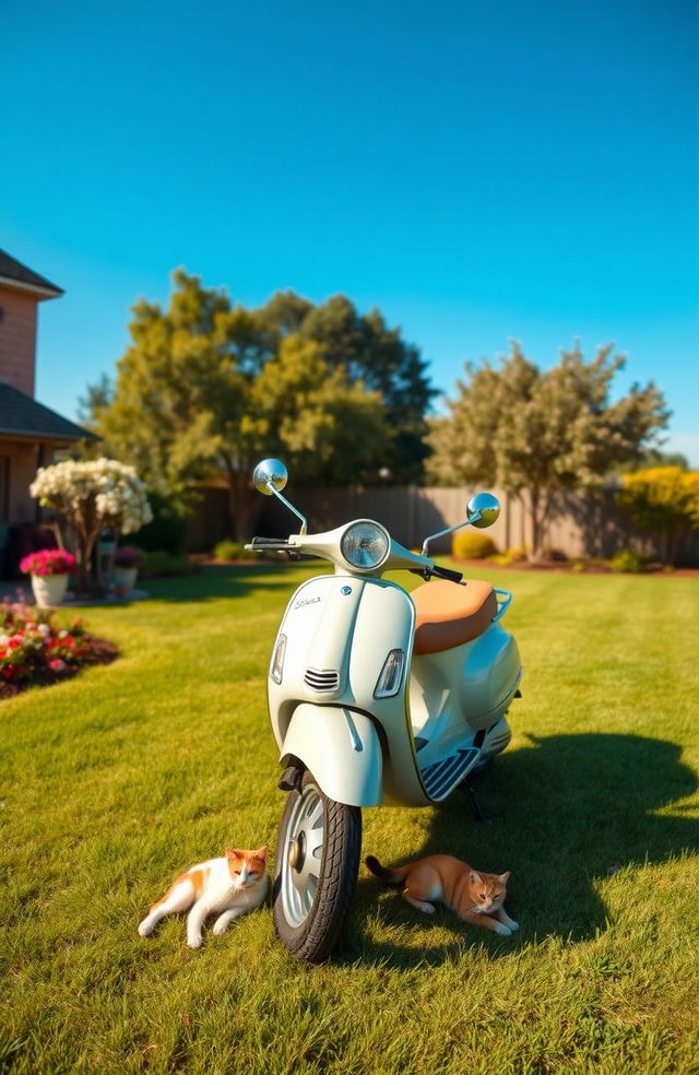 A large yard bathed in sunlight under a clear blue sky, featuring a classic Vespa motorcycle parked prominently on the lush green grass