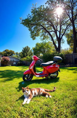 A large yard bathed in sunlight under a clear blue sky, featuring a classic Vespa motorcycle parked prominently on the lush green grass