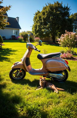 A large yard bathed in sunlight under a clear blue sky, featuring a classic Vespa motorcycle parked prominently on the lush green grass