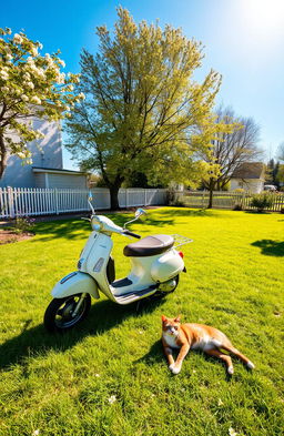 A large yard bathed in sunlight under a clear blue sky, featuring a classic Vespa motorcycle parked prominently on the lush green grass