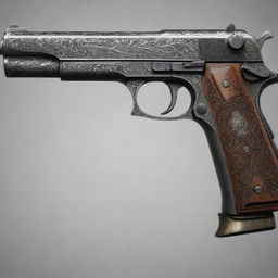 A detailed depiction of a classic pistol, with each intricate mechanical part shining under the light, ready to be fired in a controlled range.