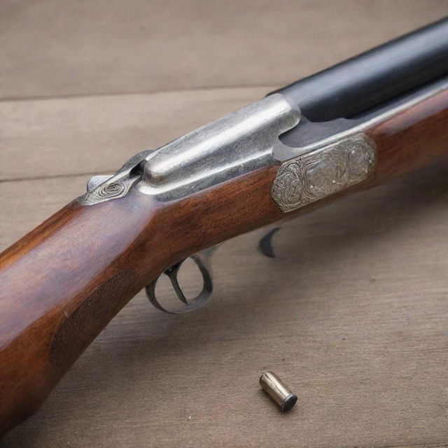 A highly-detailed image of a traditional shotgun, emphasizing its worn wooden stock and shiny metallic barrel, resting safely in a secured shooting range.