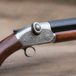 A highly-detailed image of a traditional shotgun, emphasizing its worn wooden stock and shiny metallic barrel, resting safely in a secured shooting range.