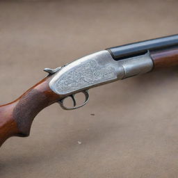 A highly-detailed image of a traditional shotgun, emphasizing its worn wooden stock and shiny metallic barrel, resting safely in a secured shooting range.