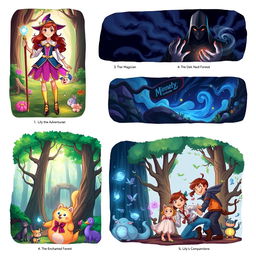 A collection of illustrations capturing the various moments of Lily's journey in the magical realm