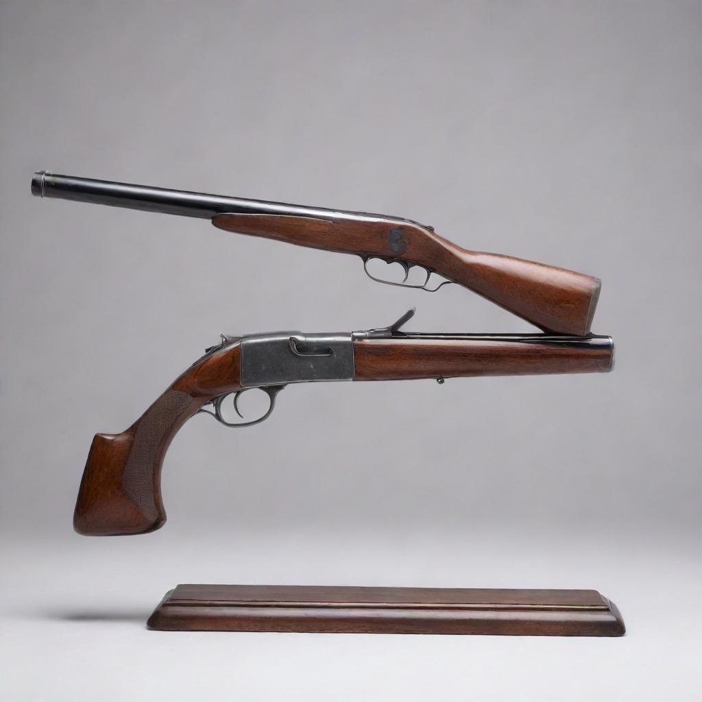 A detailed, realistic representation of a classic shotgun, showcasing its polished wooden handle and shiny metal barrel, laid safely on a vintage display stand.