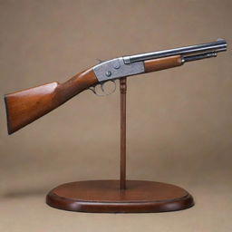 A detailed, realistic representation of a classic shotgun, showcasing its polished wooden handle and shiny metal barrel, laid safely on a vintage display stand.