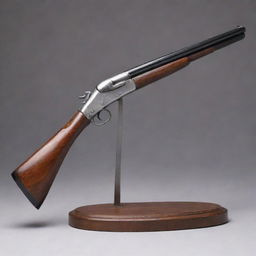 A detailed, realistic representation of a classic shotgun, showcasing its polished wooden handle and shiny metal barrel, laid safely on a vintage display stand.