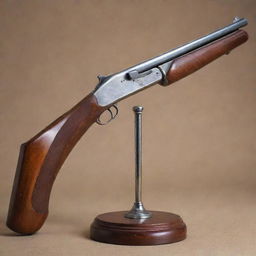 A detailed, realistic representation of a classic shotgun, showcasing its polished wooden handle and shiny metal barrel, laid safely on a vintage display stand.