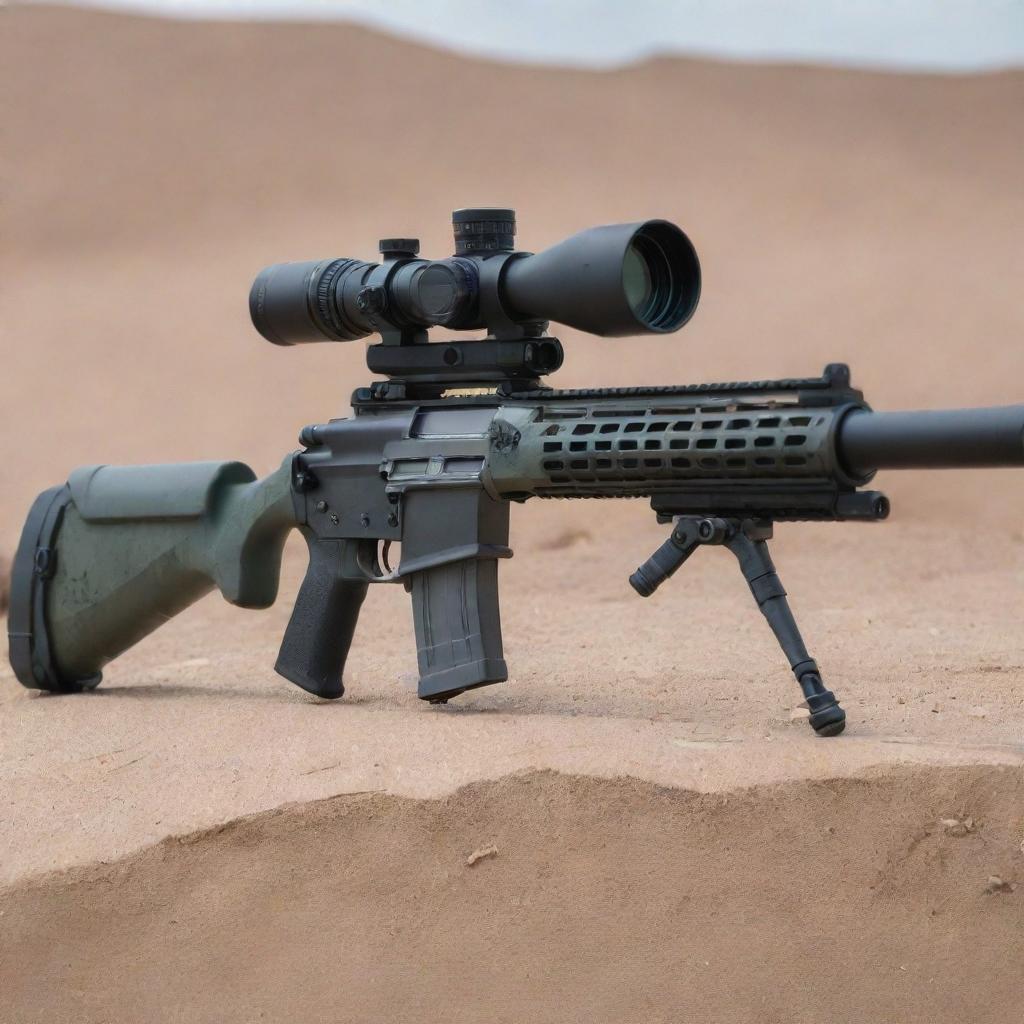 An intricately detailed sniper rifle with a powerful scope, displayed in a safe environment, symbolizing precision and long-range capabilities.