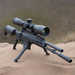 An intricately detailed sniper rifle with a powerful scope, displayed in a safe environment, symbolizing precision and long-range capabilities.