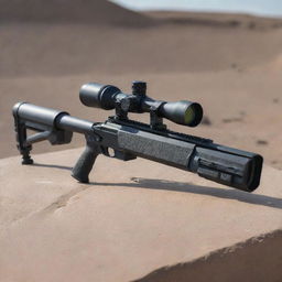 An intricately detailed sniper rifle with a powerful scope, displayed in a safe environment, symbolizing precision and long-range capabilities.