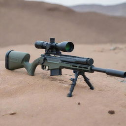 An intricately detailed sniper rifle with a powerful scope, displayed in a safe environment, symbolizing precision and long-range capabilities.